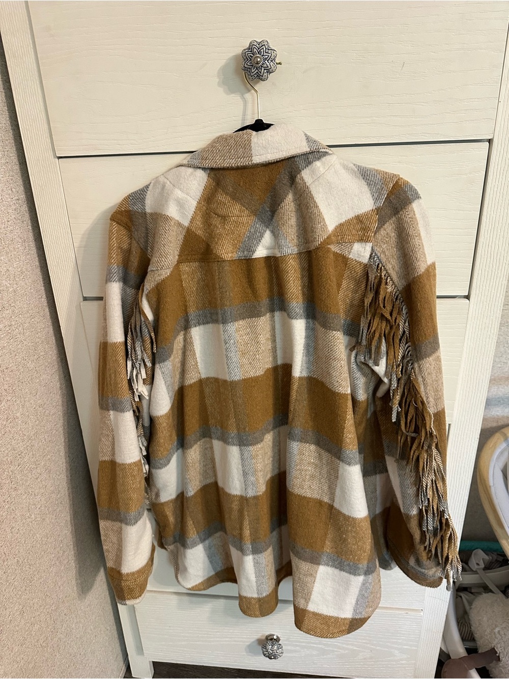 Umgee Plaid Fringe Teddy Jacket - Camel, Cream & Gray